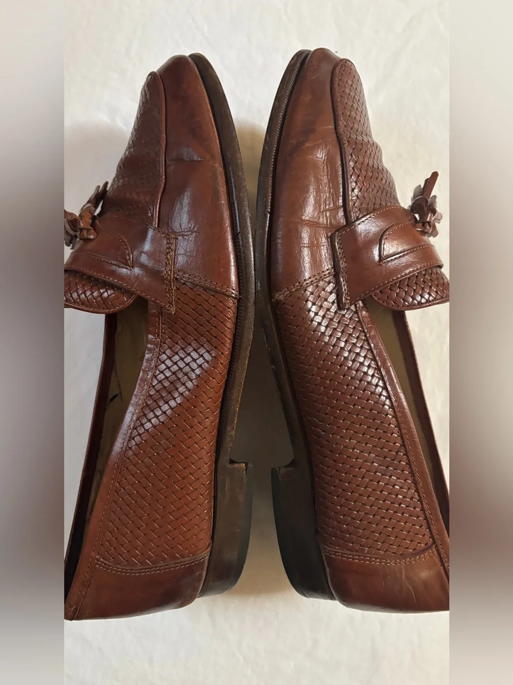 Vintage Florsheim Barletta Mens 9 3E Brown Leather Woven Tassel Loafers Italy
